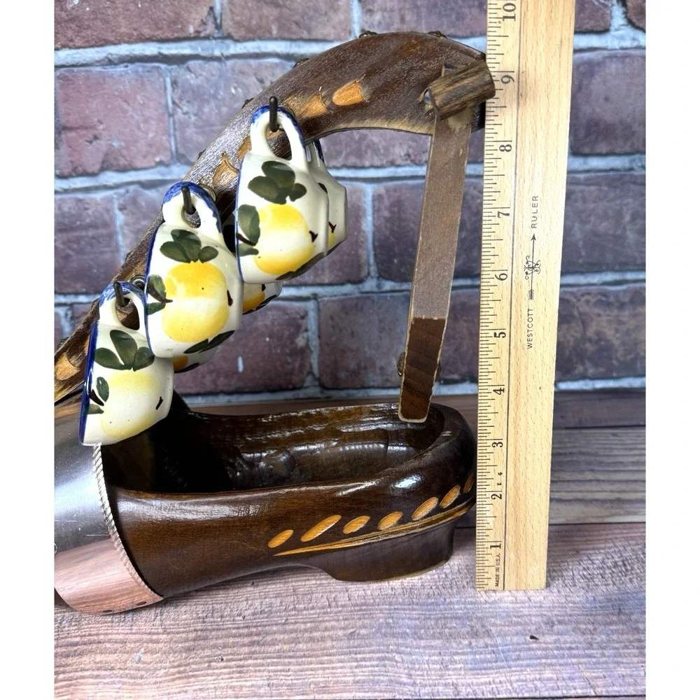 Vintage Dutch Clog Wine Bottle Holder Hand Carved Wooden Shoe W 6 Quimper‎ Cups